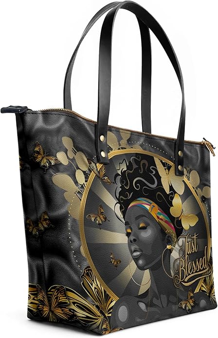African Black Women's Leather Tote Bag, Large, Premium Vegan Leather, Full Zip, Perfect Christmas Gifts For Women