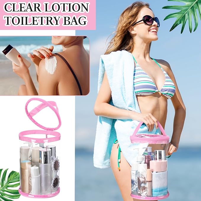 Clear Lotion Bag for Toiletry Cylinder Makeup Bag Heavy Duty Sunscreen Travel Organizer Pouch Waterproof Cosmetic Bag with Handle Zipper Gift for Christmas Beach Pool Airport Women(Pink)