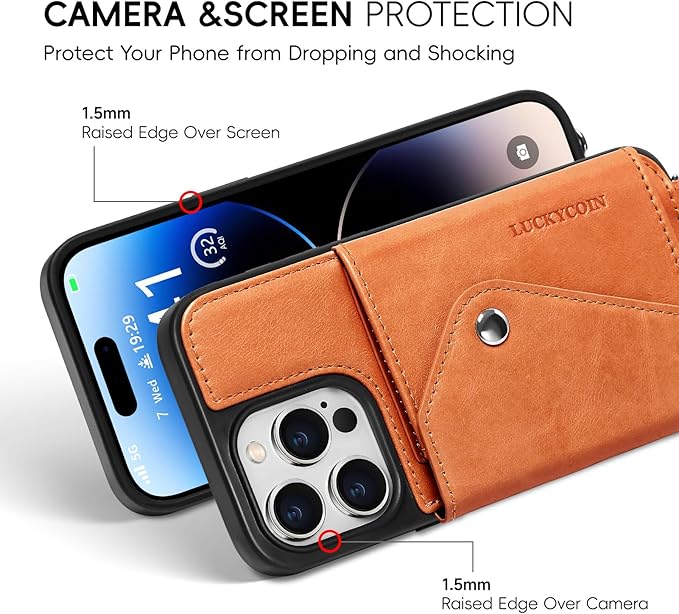 LUCKYCOIN Crossbody Wallet Phone Case for iPhone 14 Pro,100% Genuine Leather Wallet Phone Case with Expandable Flip Card Holder,Phone Purse for Women with Adjustable Removable Strap - Brown