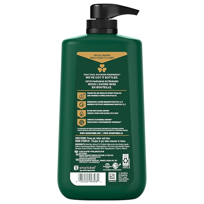 Irish Spring Men's Body Wash Pump, Original Clean Body Wash for Men, Smell Fresh and Clean for 24 Hours, Cleans Body, Hands, and Face, Made with Biodegradable Cleansing Ingredients, 30 Oz Pump