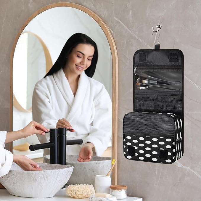 Travel Toiletry Bag for Women & Men White Black Polka Dot Hanging Cosmetic Organizer Portable Waterproof Makeup Case Make Up Bag with Compartments Travel Essentials for Bathroom Shower