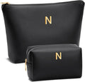 Women Gifts | Initial Makeup Bag Set for Girl Personalized Gifts for Bridesmaid Friend Graduation Teachers PU Leather Cosmetic Travel Toiletry Bag(Black,N)