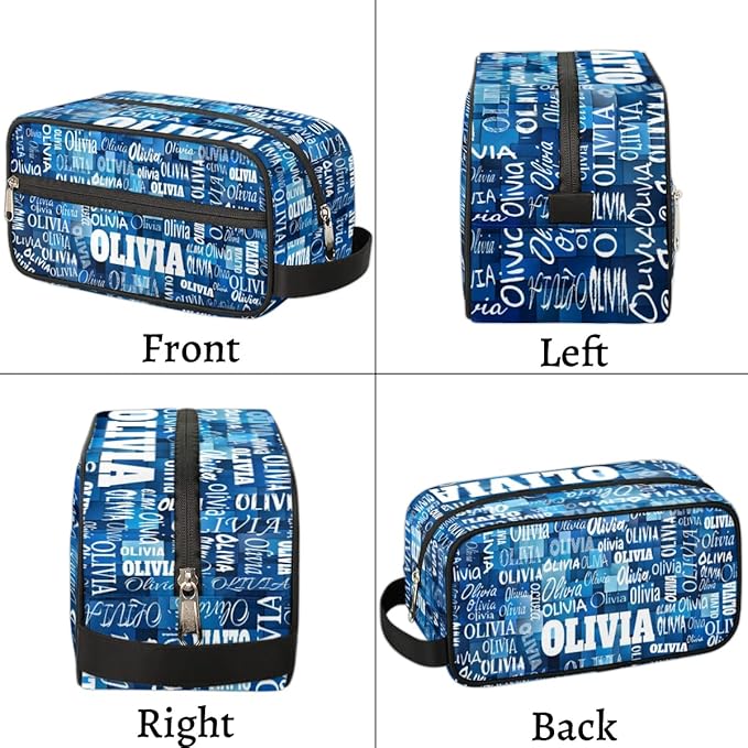 Custom Name Makeup Bag Travel Bag, Toiletry Bag Travel Large Capacity Cosmetic Container Organizer for Shampoo, Blue Geometric Pattern