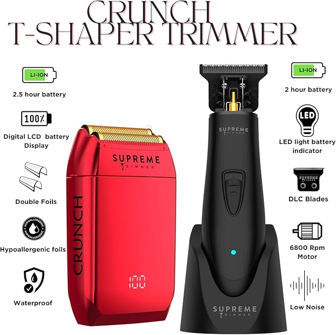 Supreme Trimmer 2-in-1 DLC T-Shaper Trimmer & Crunch Foil Shaver | STF602 Electric Razor & ST5206 Beard Trimmer Barber Haircut Kit | Red