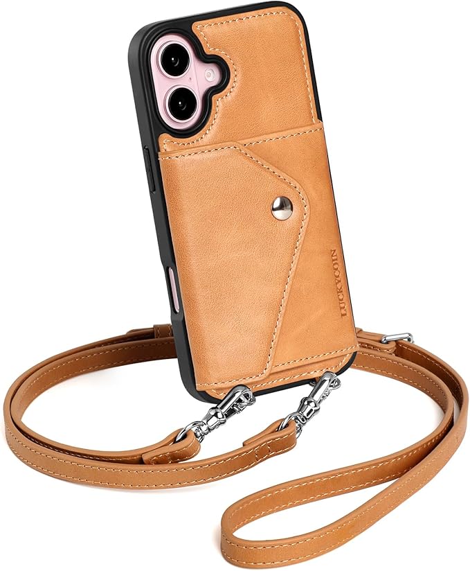 LUCKYCOIN Crossbody Wallet Phone Case for iPhone 16,100% Genuine Leather Wallet Phone Case with Expandable Flip Card Holder,Phone Purse for Women with Adjustable Removable Strap - Brown