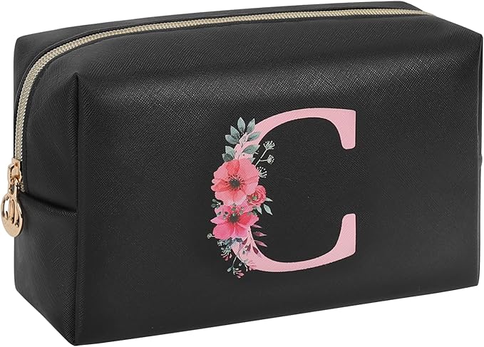 Personalized Initial Makeup Bag, Birthday Gifts for Women and Girls, Small Makeup Pouch Travel Toiletry Bag, Make Up Organizer Bag Gift Trendy Stuff for Friend Mom Teacher, Black