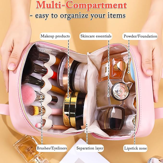 Travel Makeup Bag, Large Flat-Open Cosmetic Bag Make Up Organizer Case for Women, Waterproof PU Leather Toiletry Bag with Brush Compartment Skincare Pouch for Toiletries Accessories