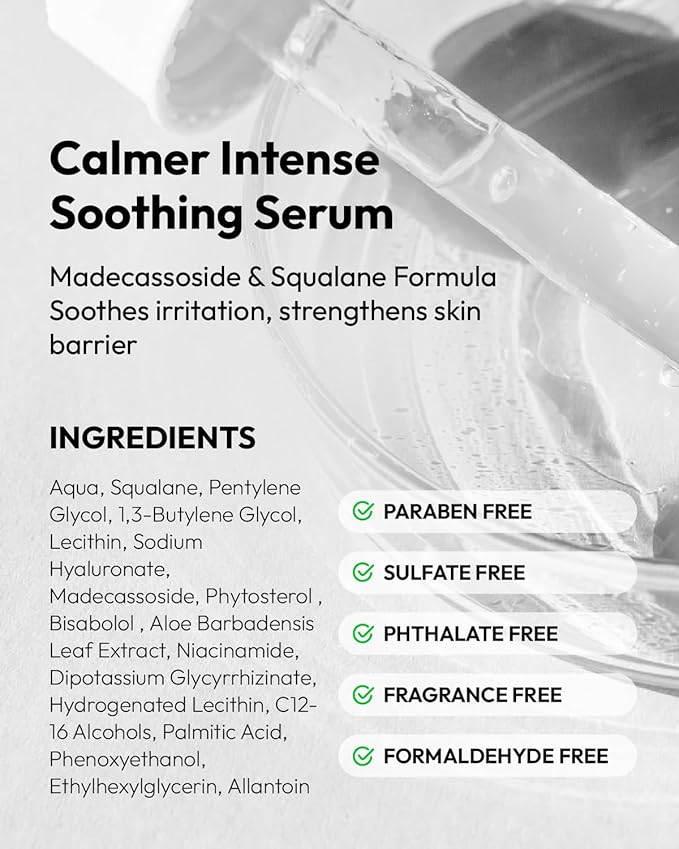 Calmer Intense Soothing Serum, Madecassoside Serum Lotion for Sensitive & Dry Skin, Soothe & Strengthen Skin Barrier, 1 Fl Oz