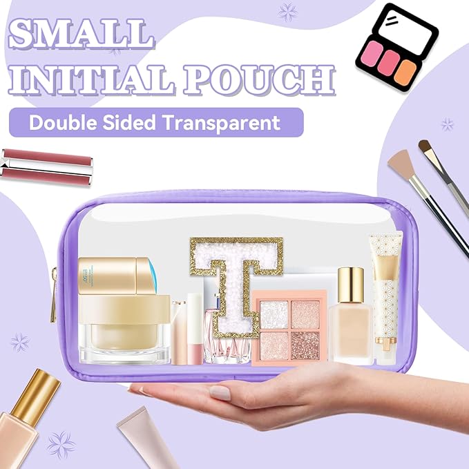 Small Clear Personalized Initial Makeup Bag,Preppy Nylon A-Z Chenille Letter Patch Makeup Organizer TSA Approved Travel Toiletry Bag,Waterproof Zip Beach Cosmetic Pouch Purse for Women(Purple-White T)