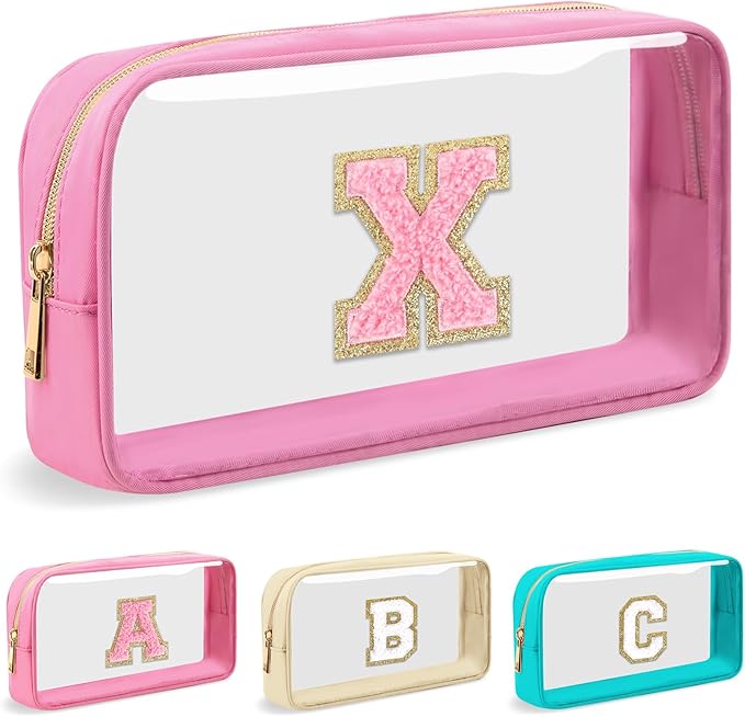 Personalized Initial Letter Clear Makeup Bag,Preppy Small Nylon&PVC Cosmetic Zipper Bag with Chenille Letter,Portable Beach Travel Skincare Toiletry Bag,Trendy Monogram Gift for Teen Girls Women,X
