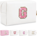 Initial Letter Patch Makeup Bag, Preppy Glitter Pouch Cosmetic Bag, Small PU Travel Toiletry Bag Zipper, Personalized Monogrammed Gift for Friends, Sister, Cute Stuff for Women, Teen Girls
