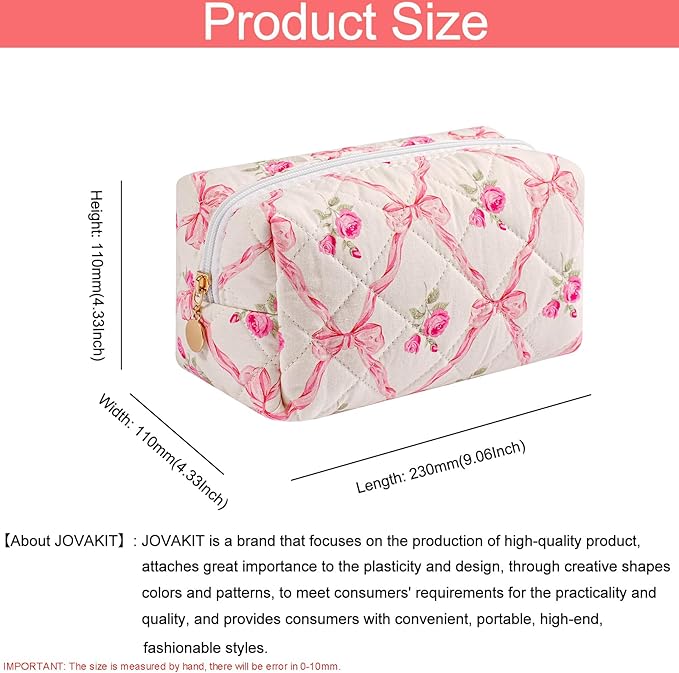 JOVAKIT Square Makeup Bag Cute Cosmetic Bag for Women, Floral Coquette Aesthetic Toiletry Bag, Zipper Make Up Pouch, Travel Make Up Organizer Bag (Pink Bowknot)