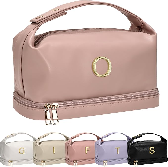 Initial Makeup Bag Personalized Bags with Handle, Friend Gifts for Women Cosmetic Bag, Mothers Birthday Gifts Leather Makeup Bags Letter Travel Toiletry Bag with Makeup Brush Organizer