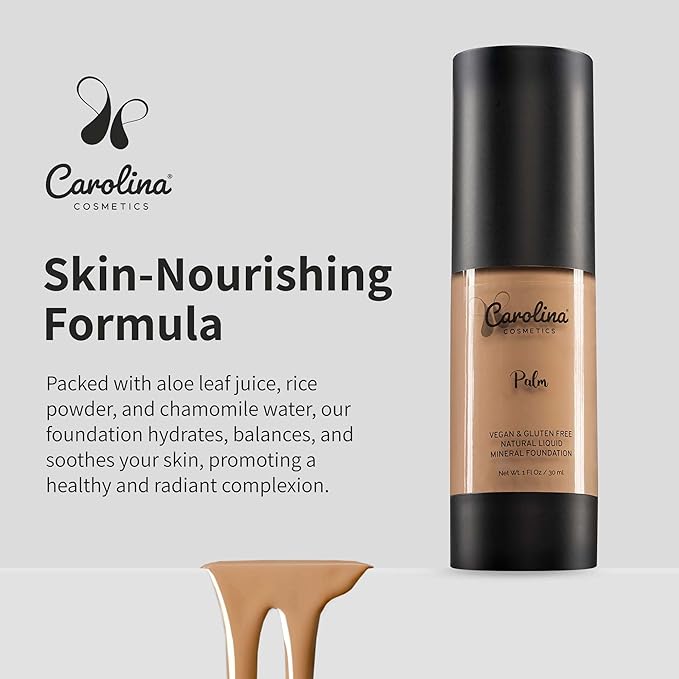 Carolina Cosmetics - Plant-Based Foundation in Palm Shade - Hydrating, Pore-Minimizing & Buildable Coverage - Vegan, Non-GMO, Gluten-Free, Paraben-Free- Sun Protection - 1Fl Oz