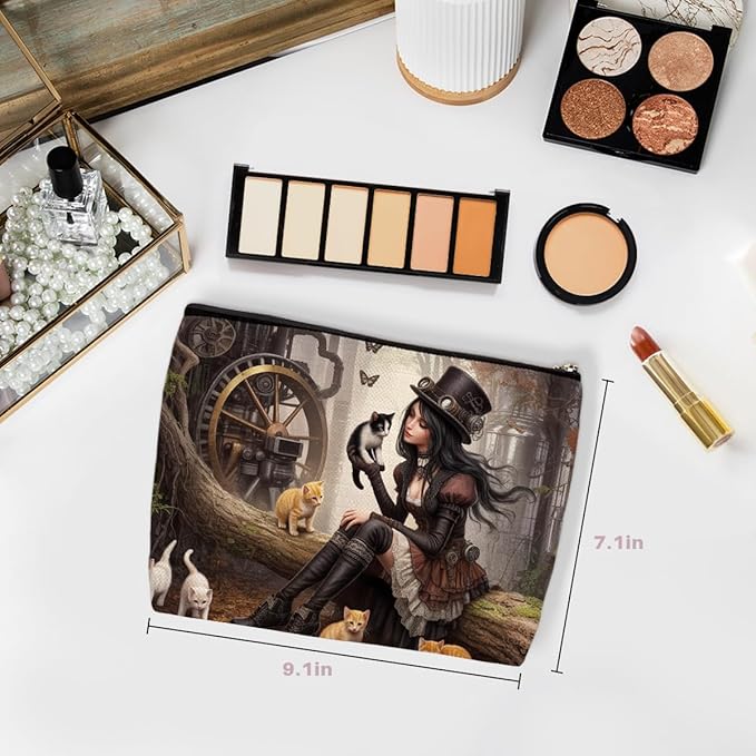 Steampunk Makeup Bag, Cat Lover Large Capacity Travel Makeup Case Cosmetic Bags for Women, Portable Pouch Purse Travel Essentials Toiletries Accessories, Christmas Birthday Gifts for Women