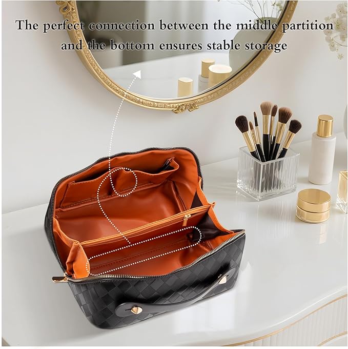 Abiudeng Travel Makeup Bag,Large Capacity Toiletry Bag Cosmetic Bags for Travel Essentials,Waterproof Portable Pouch Open Flat Makeup bag Organizer with Divider and Handle-black rhombus