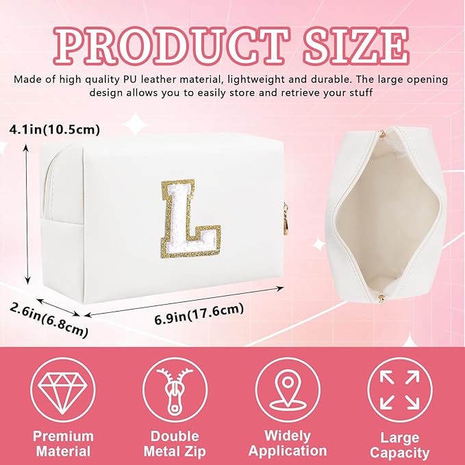 Iqimott Personalized Initial Letter Patch Makeup Bag, Preppy Portable Chenille Letter Cosmetic Bag with Zipper, PU Leather Waterproof Travel Toiletry Bag Monogram Make Up Pouch Girls(Letter L)