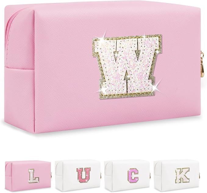 Personalized Initial Letter Patch Makeup Bag, Preppy Glitter Letter Makeup Organizer, Cute Monogrammed Pouch Cosmetic Bag PU Leather Waterproof Travel Toiletry Bag, Gift for Women Teen Girls