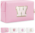 Personalized Initial Letter Patch Makeup Bag, Preppy Glitter Letter Makeup Organizer, Cute Monogrammed Pouch Cosmetic Bag PU Leather Waterproof Travel Toiletry Bag, Gift for Women Teen Girls