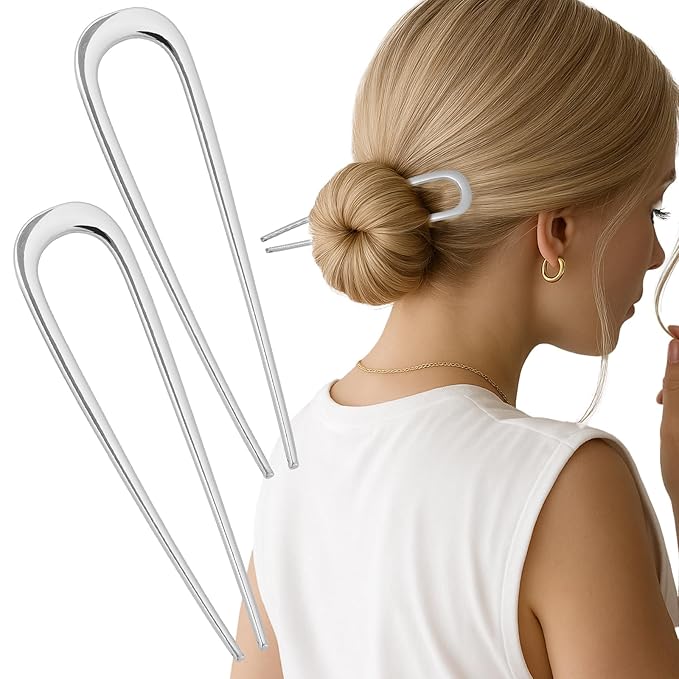 2PCS 5.5Inch French Hair Pins Large U-Shaped Pins for Women and Girls Fashion Metal Hair Pin French Twist Hair Pins for Buns, Updos,Stylish and Functional(set3-silver)