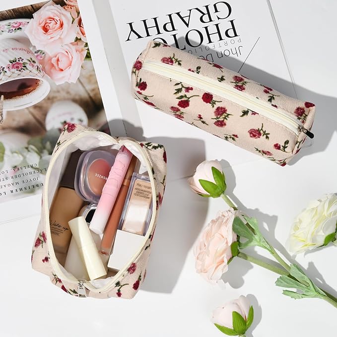 SOIDRAM Makeup Bag Floral Cosmetic Bag Cute Makeup Pouch 1Pcs Large Capacity Makeup Bags and 1Pcs Makeup Brushes Storage Bag Travel Toiletry Bag Organizer