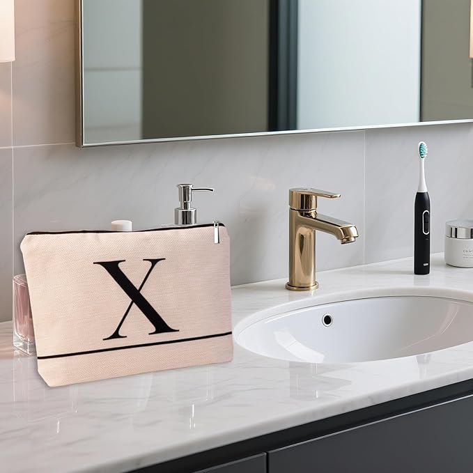 Letter A-Z Initial Personalized Makeup Bags, Birthday Gifts for Women, Monogrammed Gifts for Women Mom Sister Best Friend Bride Bridesmaid, Mothers Day, Christmas, Small Travel Cosmetic Bag (X)