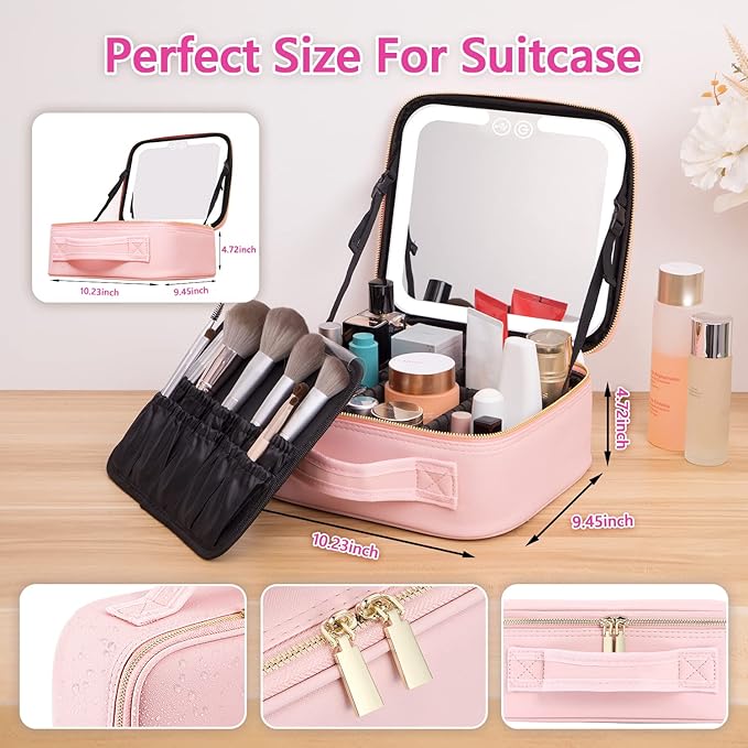 Travel Makeup Bag with LED Lighted Make up Case with Mirror 3 Color Setting Cosmetic Makeup Box Organizer Vanity Case for Women Beauty Tools Accessories Case Rechargeable