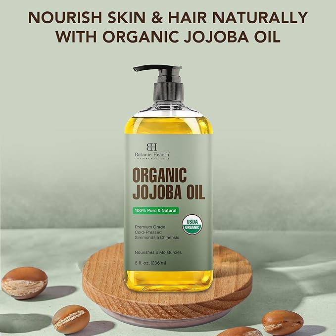 Botanic Hearth Organic Jojoba Oil (Styling Oil, 8 fl oz) | 100% Pure, Cold Pressed & Hexane Free | Ideal for Skin, Hair & Nails