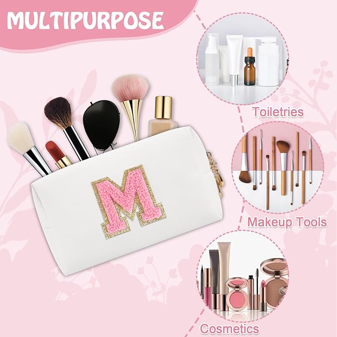 Small Travel Initial Preppy Makeup Bag, Personalized White Cute Cosmetic Organizer Chenille Letter Travel Toiltery Zipper Pouch, Waterproof PU Leather Make Up Case Gifts for Mom Women Female(Letter M)