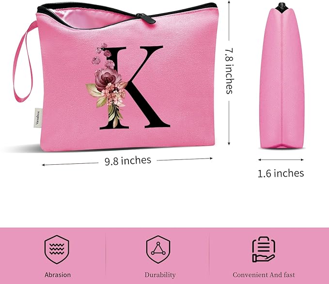 Vavabox A-Z Personalized Makeup Bag, Birthday Gifts for Women Mom, Gifts for Best Friend, Bride Bridesmaid Cosmetic bag (K, Peach)