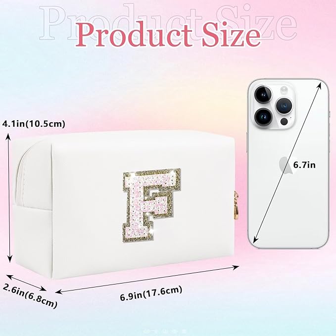 Small Personalized Glitter Initial Letter Makeup Bag, Cute PU Leather Chenille Letters Cosmetic Bag Travel Makeup Pouch, Preppy Travel Organizer Zipper Pouch for Women&Girls（White-F）