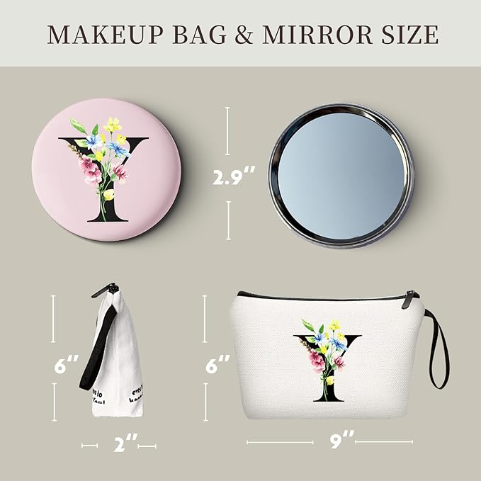 SEAMOON Women Birthday Unique Initial Funny Gifts for Teenage Girl Sister Friends Bridesmaid Personalized Travel Make up Cosmetic Bag with Mirror Valentines Mothers Day Christmas Graduation Y
