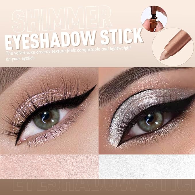 2 Colors Eyeshadow Stick Shimmer Glitter Eye Shadow Pencil Waterproof Eye Brightener Crayon Highlighter Eye Liner Pen Multi-Dimensional Buildable & Blendable High Pigmented Eyes Look Makeup, 1+3