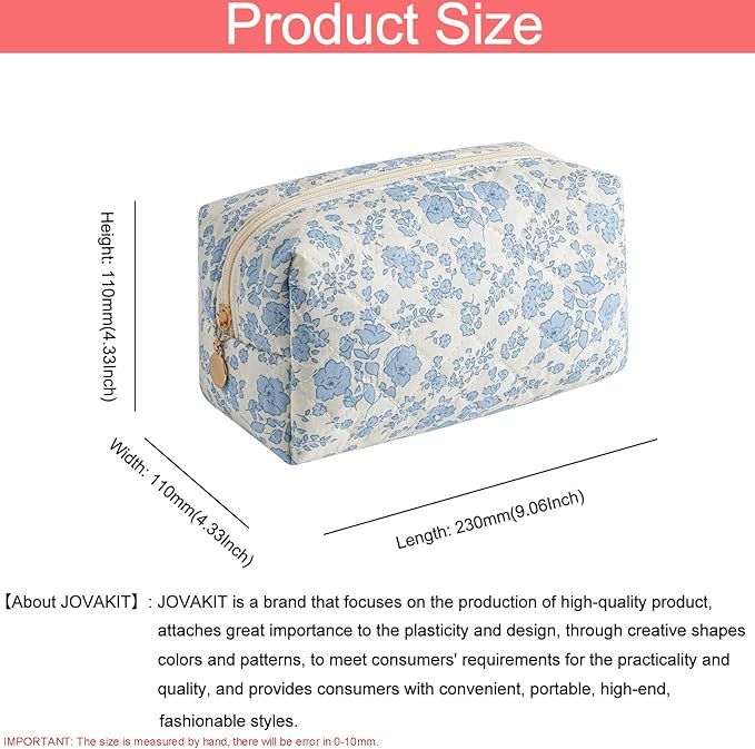 JOVAKIT Square Makeup Bag Cute Cosmetic Bag for Women, Floral Coquette Aesthetic Toiletry Bag, Zipper Make Up Pouch, Travel Make Up Organizer Bag (Pink+Blue Floral)