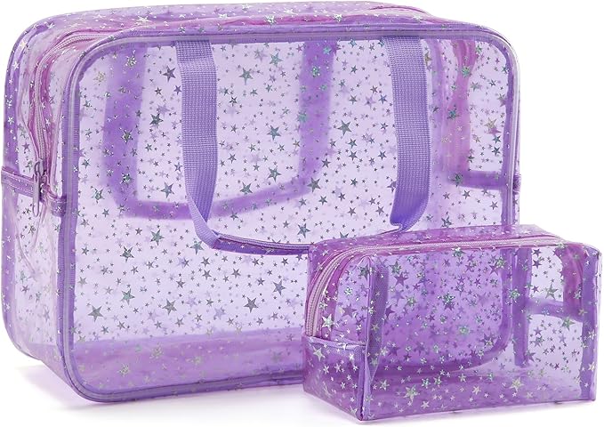 Yaopeing 2Pcs PVC Clear Makeup Bag Organizer for Women,Star Transparent Cosmetic Case Travel Toiletry Pouch with Zipper,Large Make Up Purse for Daily Accessory,Purple