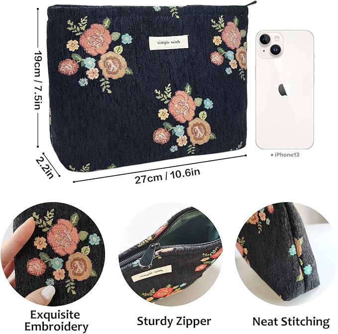 STARDW Aesthetic Floral Makeup Bag Cute Small Cosmetic Bags for Women Girls, Travel Toiletry Bag Large Capacity Zipper Makeup Pouch, Purse Organizer Pouches (Vintage Flowers)