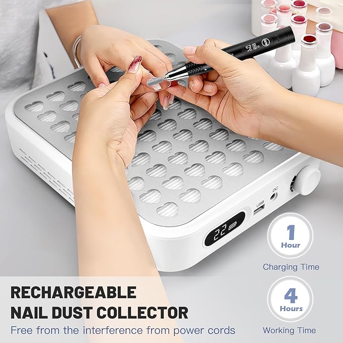 Rechargeable Cordless Nail Dust Collector: Powerful Quiet Nail Fan Vacuum Dust Collector with 2 Filters 1 Brush, Nail Vent Dust Extractor Cleaner for Acrylic Gel Nail Polishing Nail Tech Use, White