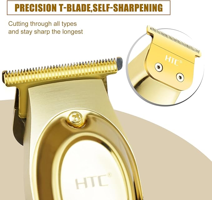 HTC Hair Clippers – Professional Cordless Rechargeable Hair Trimmer with Precision, Adjustable Speeds, and LED Display （Gold）