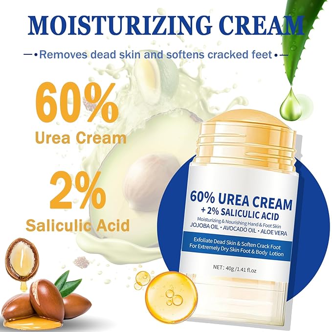 2PCS 60% Urea Cream plus 2% Salicylic Acid Foot Cream, Hydrating and Anti-Cracking Foot Cream, Maximum Strength Urea Foot cream Exfoliates Dead SkinRepairs and Hydrates Dry and Cracked Feet and Hand
