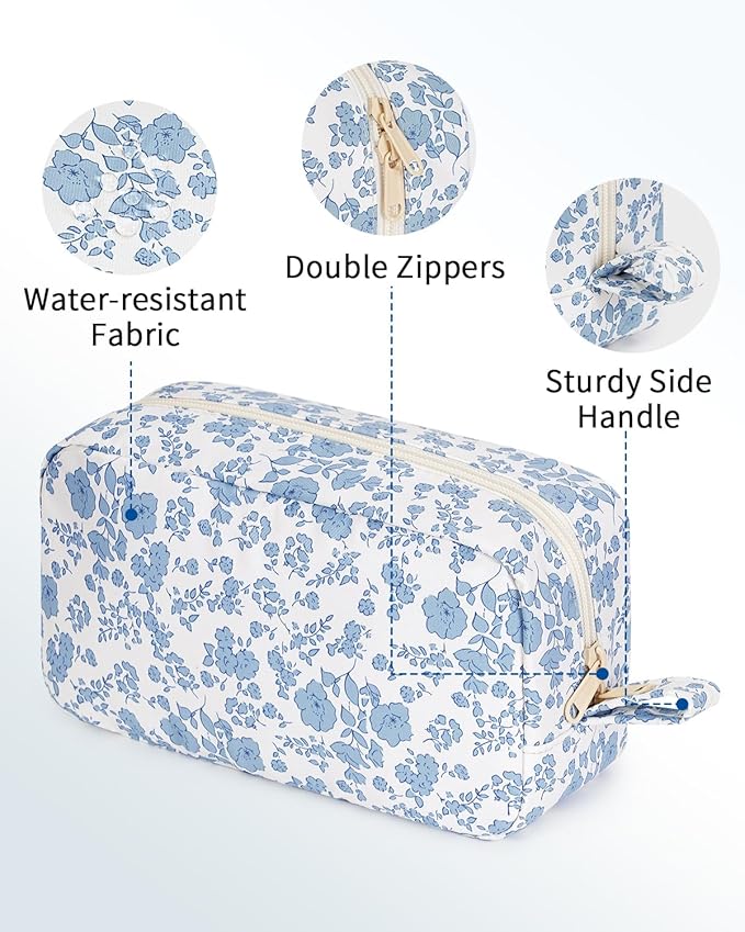 Narwey Cute Makeup Bag Small Toiletry Bag Travel Cosmetic Bag Organizer Make Up Bags with Organized Pockets for Women (Little Blue Flower, Large)
