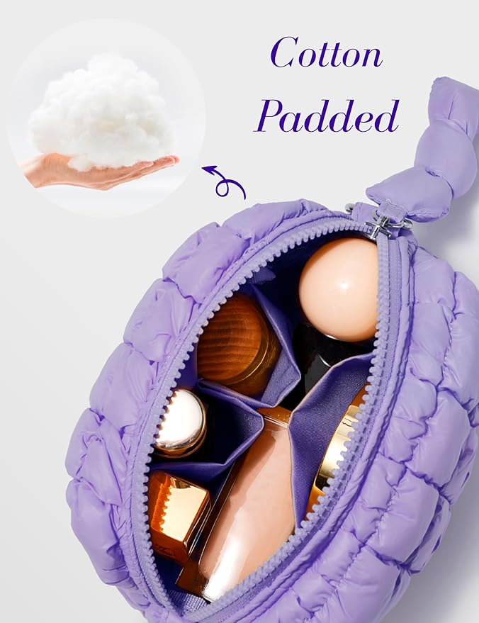 Yarnic Quilted Makeup Bag Puffy Cosmetic Bag, Quilt Travel Toiletry Bag for Women, Cute Puffer Makeup Bag Organizer Soft Make up Pouch (Lavender, S)