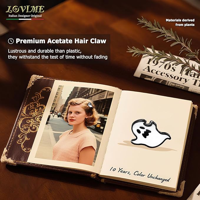 Original Italian Designed Mini Halloween Hair Claw Clips for Women- Ghost, Handmade Cute Vintage Hair Halloween Accessories, Plant-Based Acetate, Gift Boxed for Party/Daily