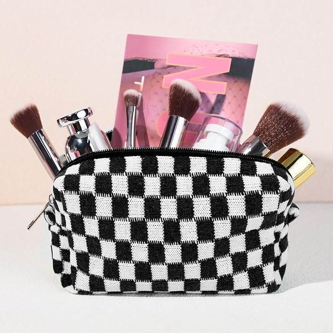 SOIDRAM Checkered Makeup Bag Preppy Cosmetic Bag Bulk Black Makeup Pouch Personalize Travel Toiletry Bag Organizer Cute DIY Makeup Brushes Storage Bag for Women