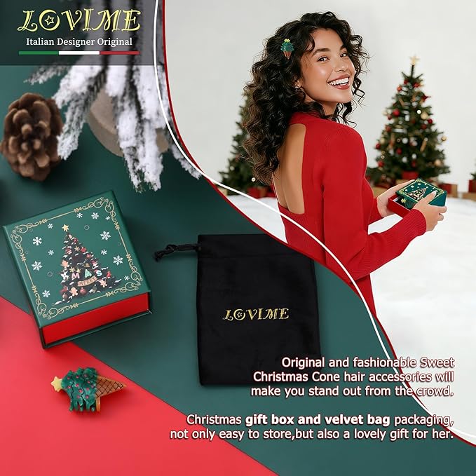 Original Italian Designed Mini Christmas Hair Claw Clips for Women, Strong Grip Plant-Based Acetate Hair Clips for Girls, Cute Christmas Tree Ice Cream Hair Accessories with Gift Box 1pcs