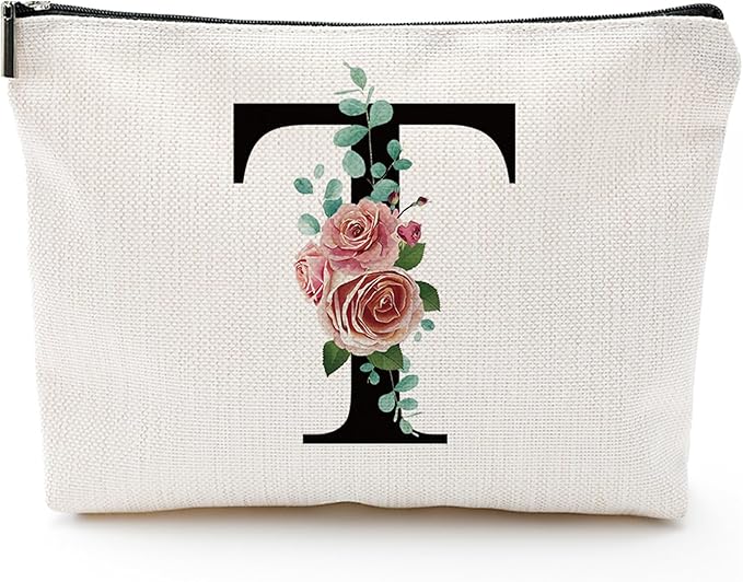 Initial A-Z Personalized Letter Makeup Bag, Monogrammed Bridesmaid Gifts Presents Cosmetic Bag, Portable Stationary Storage Organizer Pouch, Friendship Love Travel Makeup Bags