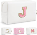 Personalized Preppy Small Travel Makeup Bag, Initial Chenille Letter White Makeup Bag Cosmetic Pouch Toiletry Organizer, PU Leather Waterproof Makeup Storage Cute Preppy Stuff for Women(Letter J)