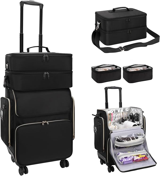 OCHEAL Hairstylist Traveling Case with a Large Makeup Travel Case for Hairstylist, Hairdresser Bag with Detachable Pouch,360° Rotatable Wheelsfor Hairdressing Tool Organizer
