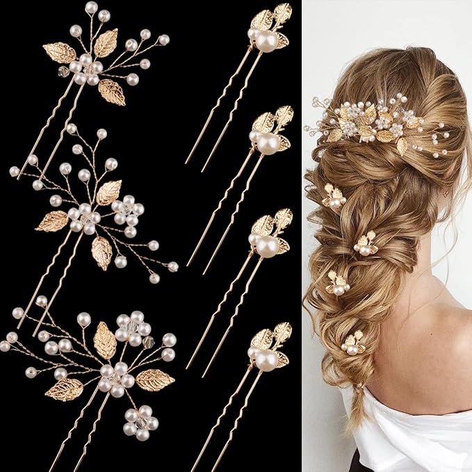 7 Pieces Wedding Hair Pins Gold Leaf Bride Headpiece Pearl Wedding Hair Styling Pins Hair Accessories Flower Hair Accessories for Brides Bridesmaids Girls