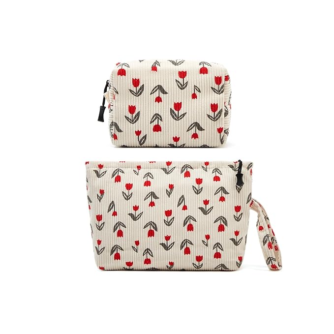 Makeup bag set small Cosmetic bag for women purse Corduroy Organizer with interior Pockets,cute Pencil zipper Pouch travel Toiletry Bag with handle(Tulip Red)