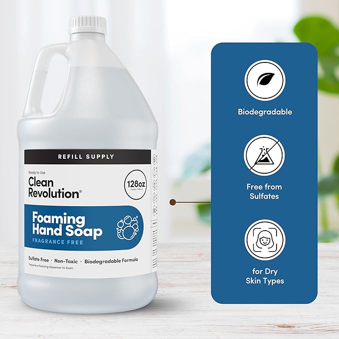 Clean Revolution Foaming Hand Soap Refill Supply Container, Ready to Use Formula, Gluten Free, Unscented and Fragrance Free, 128 Fl. Oz, 4 Pack